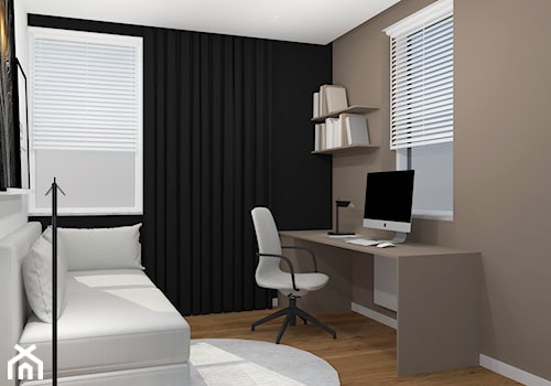 Projekt mieszkania Kraków - Średnie w osobnym pomieszczeniu z sofą z zabudowanym biurkiem białe szare biuro, styl minimalistyczny - zdjęcie od jedna.pani.s