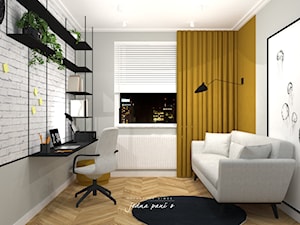Mieszkanie w Warszawie - Średnie w osobnym pomieszczeniu z sofą z zabudowanym biurkiem szare biuro, styl nowoczesny - zdjęcie od jedna.pani.s