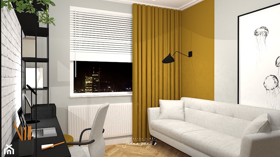 Mieszkanie w Warszawie - Średnie w osobnym pomieszczeniu z sofą szare żółte biuro, styl nowoczesny - zdjęcie od jedna.pani.s