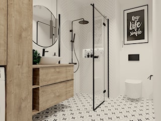 Biała łazienka z cegiełkami i patchworkiem