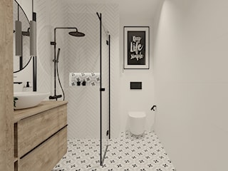 Biała łazienka z cegiełkami i patchworkiem