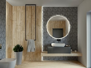 Łazienka z szarymi Rombami 3D i drewnem TEAK