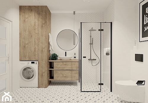 Biała łazienka z cegiełkami i patchworkiem - zdjęcie od kaflando
