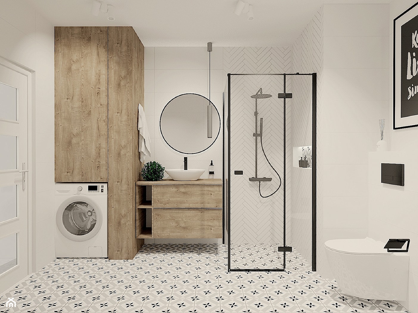 Biała łazienka z cegiełkami i patchworkiem - zdjęcie od kaflando - Homebook