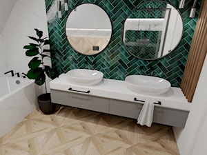 Łazienka z zieloną cegiełką - Średnia z lustrem z dwoma umywalkami łazienka, styl nowoczesny - zdjęcie od kaflando