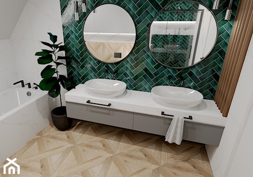 Łazienka z zieloną cegiełką - Średnia z lustrem z dwoma umywalkami łazienka, styl nowoczesny - zdjęcie od kaflando