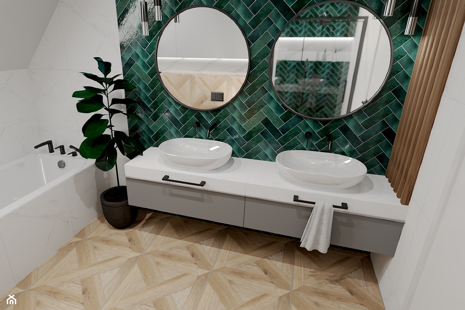 Łazienka z zieloną cegiełką - Średnia z lustrem z dwoma umywalkami łazienka, styl nowoczesny - zdjęcie od kaflando - Homebook