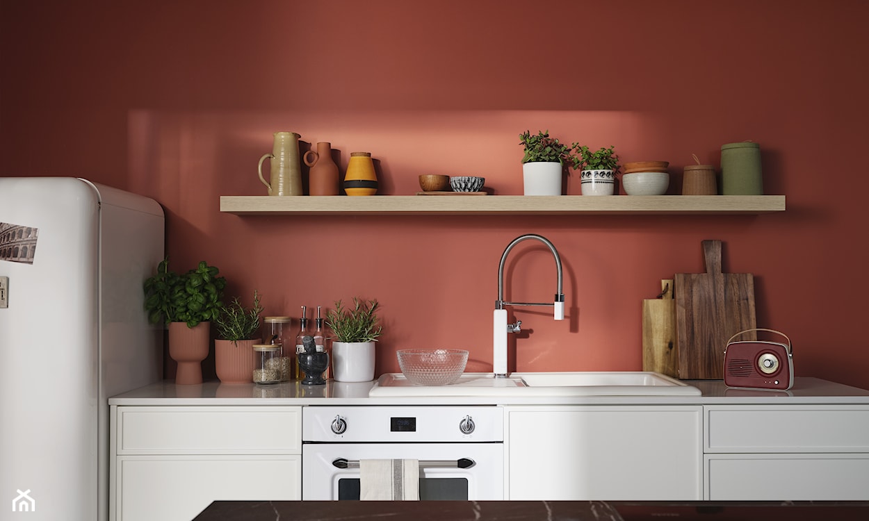 Ściana w kuchni pomalowana farbą plamoodporną w kolorze terakotowym