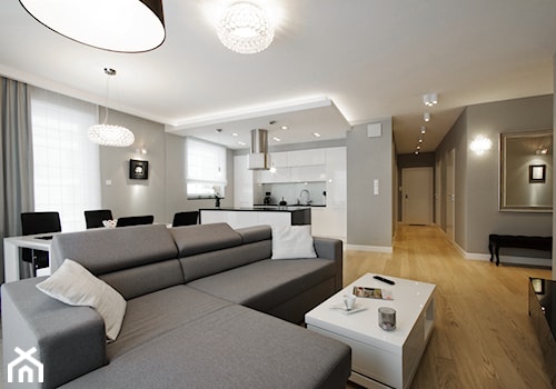 Apartament Saska - Duży szary salon z kuchnią z jadalnią, styl nowoczesny - zdjęcie od BB Studio - Projektowanie Wnętrz