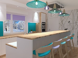 Kuchnia w domu poza miastem - Duża otwarta biała z zabudowaną lodówką kuchnia jednorzędowa dwurzędowa z wyspą lub półwyspem z oknem, styl skandynawski - zdjęcie od Projekt Simple by Prokop Sylwia