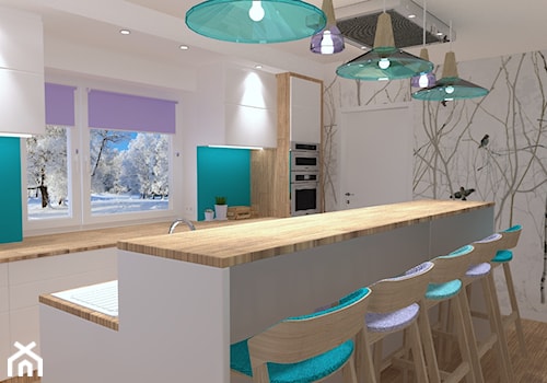 Kuchnia w domu poza miastem - Duża otwarta biała z zabudowaną lodówką kuchnia jednorzędowa dwurzędowa z wyspą lub półwyspem z oknem, styl skandynawski - zdjęcie od Projekt Simple by Prokop Sylwia