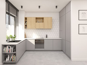 Mieszkanie 86m2 Warszawa - Średnia otwarta biała z zabudowaną lodówką z podblatowym zlewozmywakiem kuchnia w kształcie litery u z oknem, styl nowoczesny - zdjęcie od INTERIOLOGY