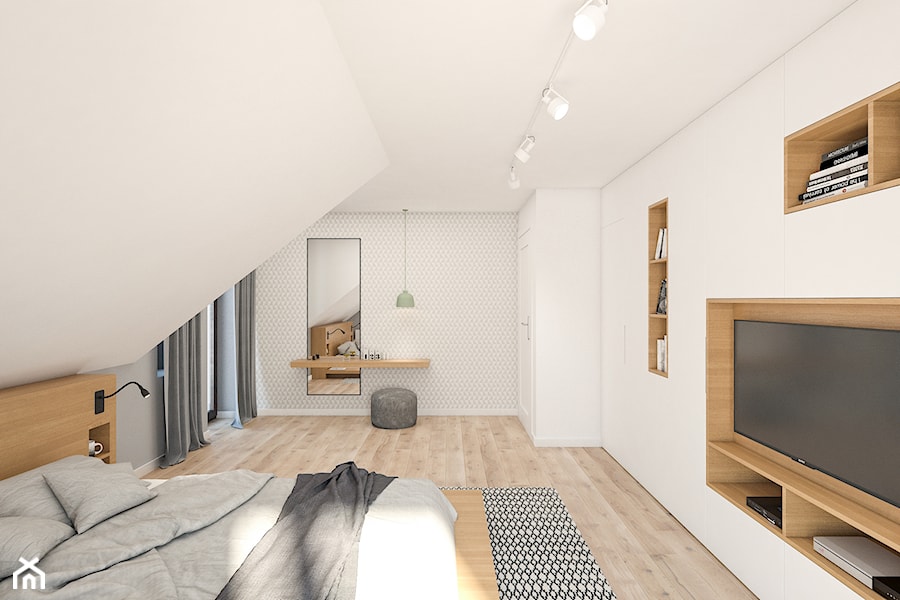 Dom 150m2 pod Warszawą - Duża biała sypialnia na poddaszu, styl nowoczesny - zdjęcie od INTERIOLOGY