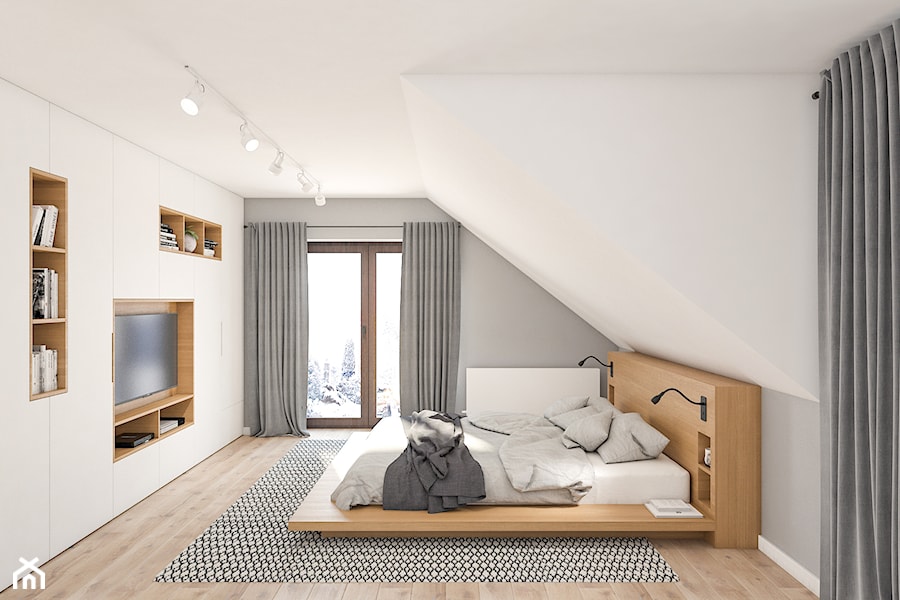 Dom 150m2 pod Warszawą - Średnia biała szara sypialnia na poddaszu, styl nowoczesny - zdjęcie od INTERIOLOGY