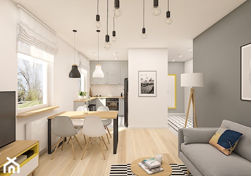 Mieszkanie 47m2 Warszawa - Średni biały szary salon z kuchnią z jadalnią, styl skandynawski - zdjęcie od INTERIOLOGY