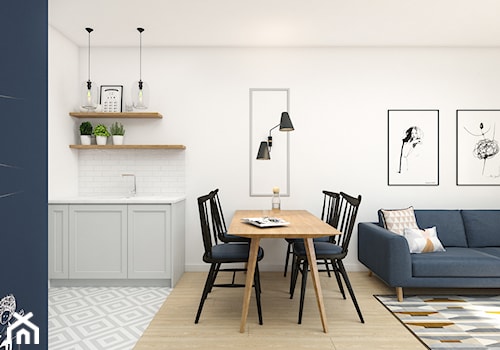 Mieszkanie 43m2 Warszawa - Średnia biała jadalnia w salonie w kuchni, styl skandynawski - zdjęcie od INTERIOLOGY
