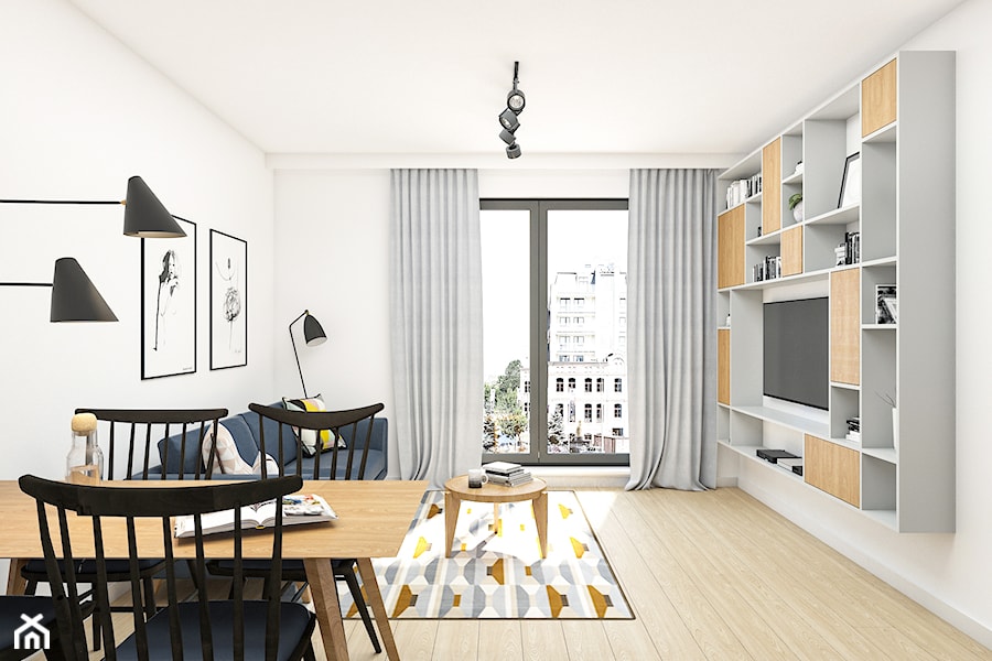 Mieszkanie 43m2 Warszawa - Średni biały salon z jadalnią, styl skandynawski - zdjęcie od INTERIOLOGY