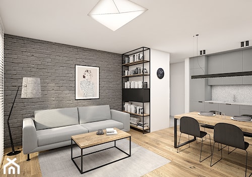 Mieszkanie 46m2 Warszawa - Mały biały szary salon z kuchnią z jadalnią, styl industrialny - zdjęcie od INTERIOLOGY