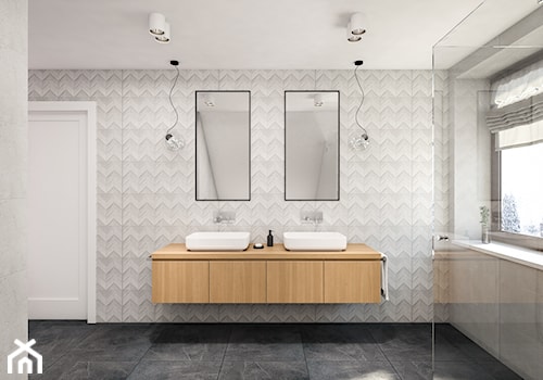 Dom 150m2 pod Warszawą - Średnia na poddaszu z lustrem z dwoma umywalkami z punktowym oświetleniem łazienka z oknem, styl nowoczesny - zdjęcie od INTERIOLOGY