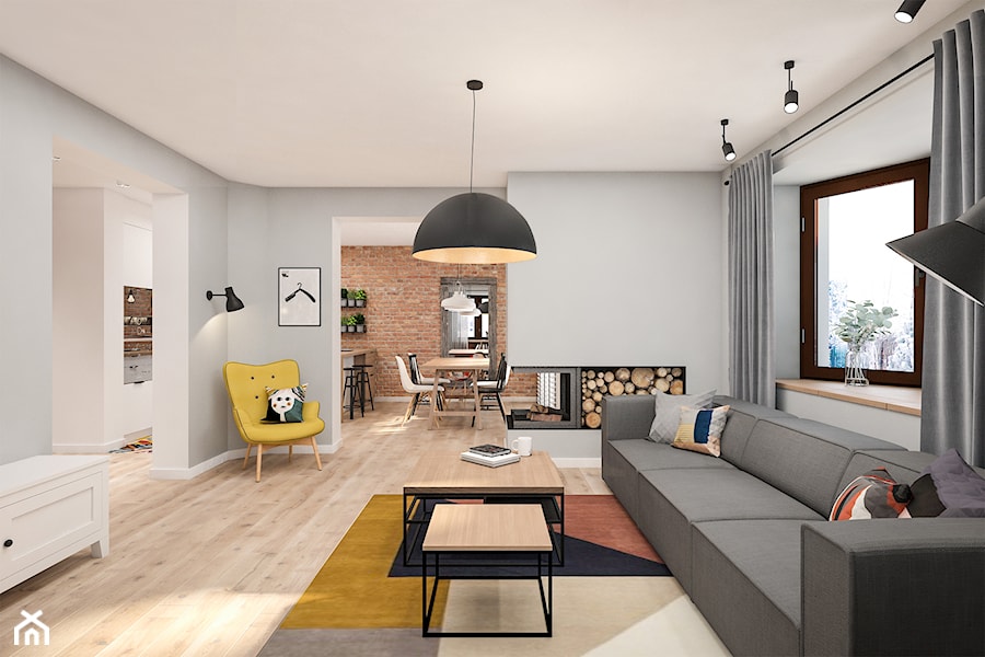 Dom 150m2 pod Warszawą - Duży szary salon z kuchnią z jadalnią, styl skandynawski - zdjęcie od INTERIOLOGY