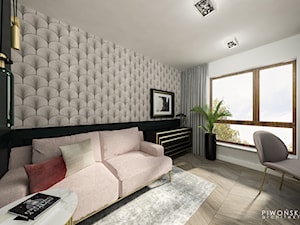 Apartament Żoliborz - Średnie z sofą z zabudowanym biurkiem białe czarne szare biuro, styl glamour - zdjęcie od Piwońska&Serwa
