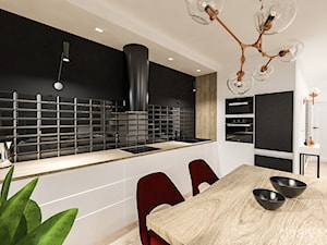 Mieszkanie w Wilanowie - Duża otwarta biała czarna z zabudowaną lodówką z nablatowym zlewozmywakiem kuchnia w kształcie litery l, styl nowoczesny - zdjęcie od Piwońska&Serwa