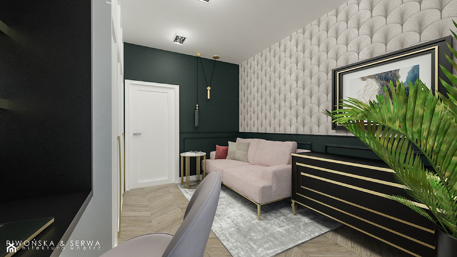 Apartament Żoliborz - Duże z sofą z zabudowanym biurkiem beżowe szare zielone biuro, styl glamour - zdjęcie od Piwońska&Serwa - Homebook
