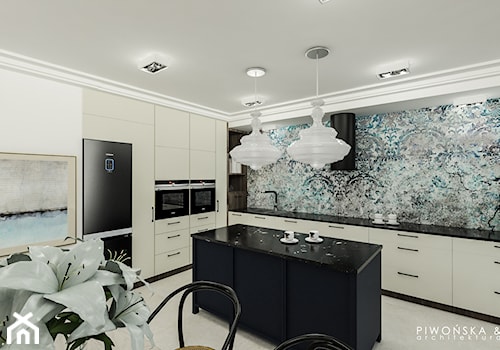 Apartament Żoliborz - Duża otwarta z kamiennym blatem biała czarna z zabudowaną lodówką z nablatowym zlewozmywakiem kuchnia w kształcie litery l z wyspą lub półwyspem, styl glamour - zdjęcie od Piwońska&Serwa