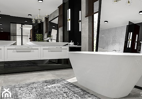Salon kąpielowy - Duża z lustrem z dwoma umywalkami z punktowym oświetleniem łazienka z oknem, styl nowoczesny - zdjęcie od Piwońska&Serwa