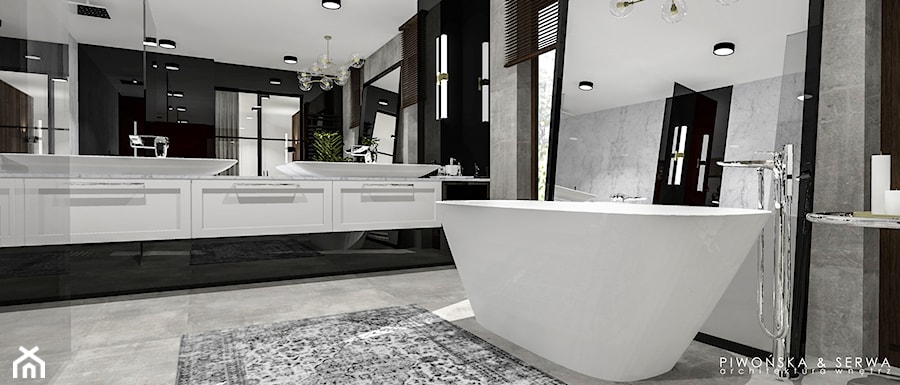 Salon kąpielowy - Duża z lustrem z dwoma umywalkami z punktowym oświetleniem łazienka z oknem, styl nowoczesny - zdjęcie od Piwońska&Serwa