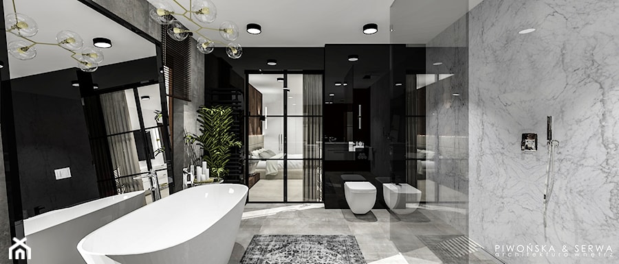 Salon kąpielowy - Duża bez okna z lustrem z marmurową podłogą z punktowym oświetleniem łazienka, styl nowoczesny - zdjęcie od Piwońska&Serwa