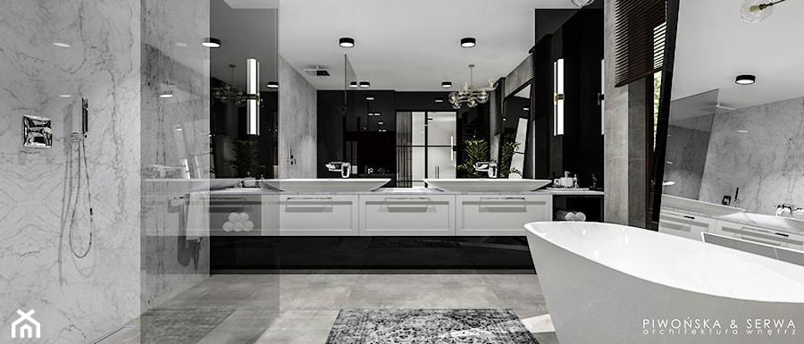 Salon kąpielowy - Duża jako pokój kąpielowy z lustrem z dwoma umywalkami z punktowym oświetleniem łazienka z oknem, styl nowoczesny - zdjęcie od Piwońska&Serwa