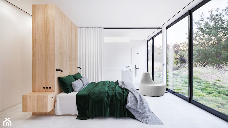 Sułkowice - Duża beżowa biała sypialnia z garderobą z łazienką, styl minimalistyczny - zdjęcie od Motifo Architektura & Wnętrza