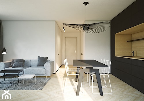 Łódź_ Mieszkanie Prywatne_2 - Mała z salonem biała z zabudowaną lodówką z podblatowym zlewozmywakiem kuchnia jednorzędowa, styl minimalistyczny - zdjęcie od Motifo Architektura & Wnętrza