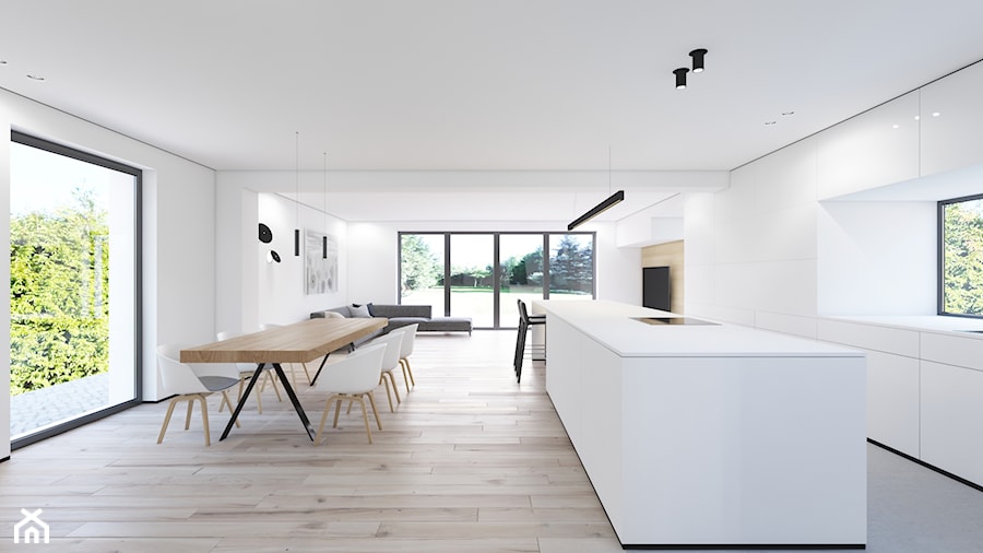 Nowy Sącz - Duża otwarta z salonem biała kuchnia dwurzędowa z oknem, styl minimalistyczny - zdjęcie od Motifo Architektura & Wnętrza