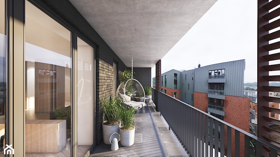 Wawrzyńca - Duży z podłoga z płyt betonowych z donicami na kwiaty z fotelem wiszącym taras z tyłu domu - zdjęcie od Motifo Architektura & Wnętrza