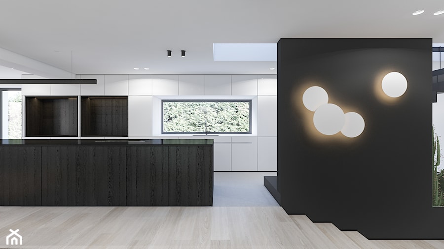 Nowy Sącz_Kuchnia - Duża otwarta z salonem biała czarna z zabudowaną lodówką kuchnia dwurzędowa z oknem, styl minimalistyczny - zdjęcie od Motifo Architektura & Wnętrza