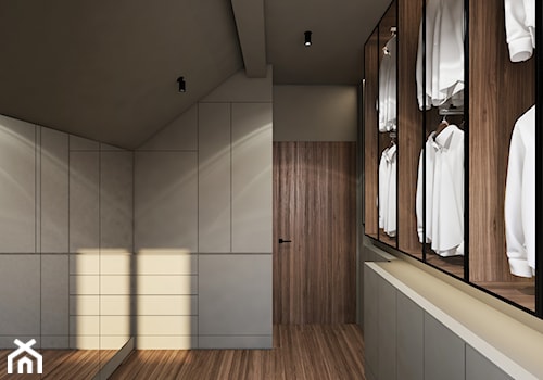 Janowskiego - Duża zamknięta garderoba na poddaszu, styl minimalistyczny - zdjęcie od Motifo Architektura & Wnętrza