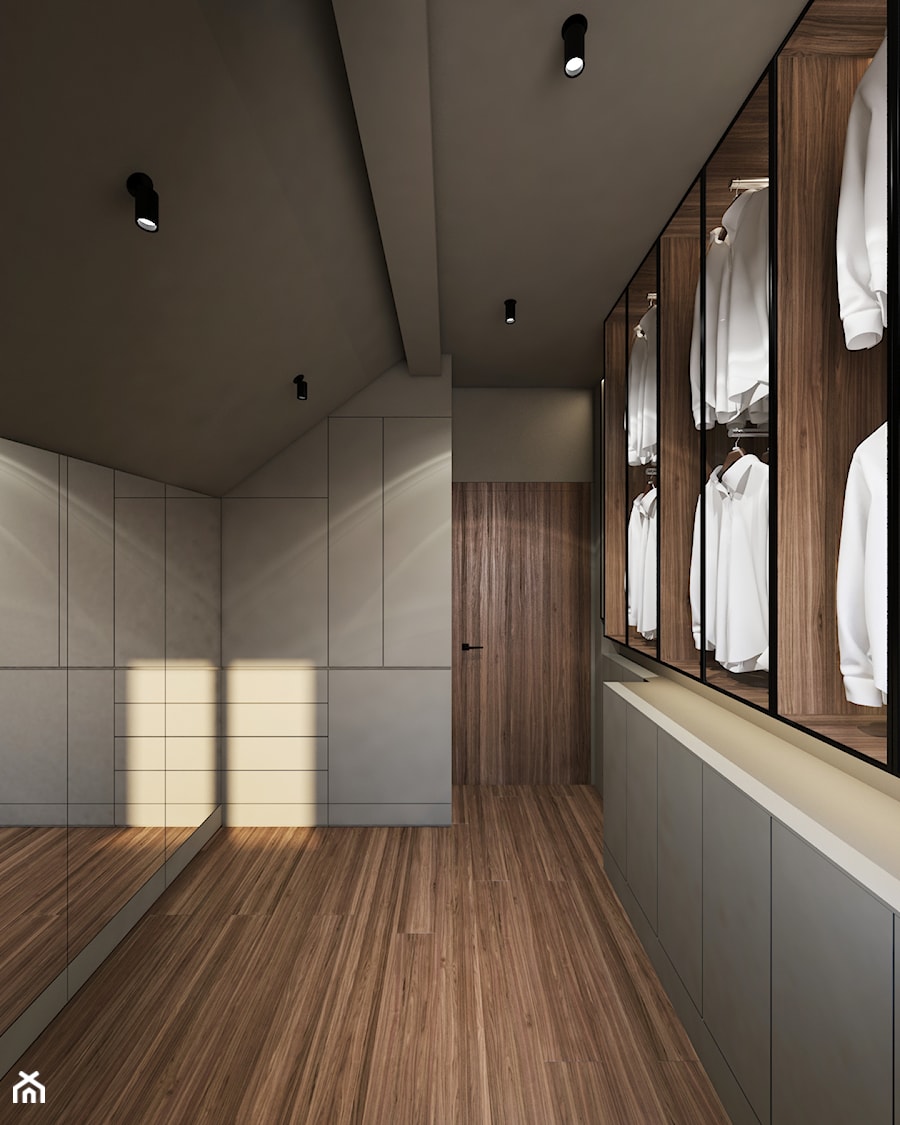 Janowskiego - Duża zamknięta garderoba na poddaszu, styl minimalistyczny - zdjęcie od Motifo Architektura & Wnętrza