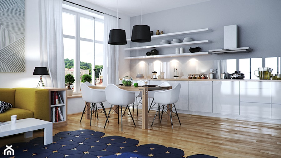 Średnia biała szara jadalnia w kuchni, styl nowoczesny - zdjęcie od Motifo Architektura & Wnętrza