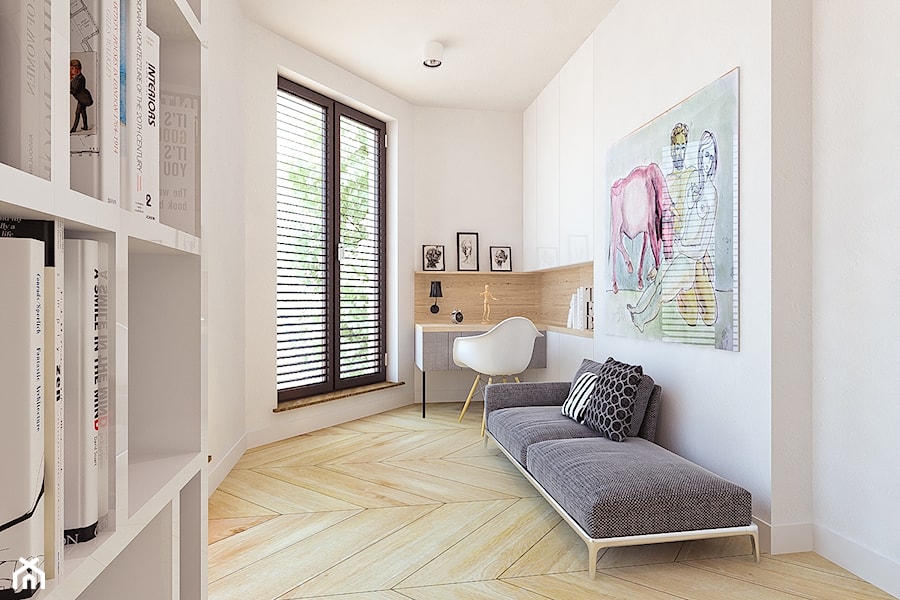 Młynowa - Średnie w osobnym pomieszczeniu z sofą białe biuro, styl nowoczesny - zdjęcie od Biuro projektowe Joanna Karwowska