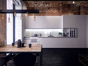 Loft Nowa Papiernia/Wrocław - Duża otwarta z salonem szara z zabudowaną lodówką kuchnia jednorzędowa, styl industrialny - zdjęcie od Biuro projektowe Joanna Karwowska