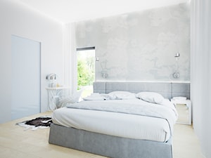 Dom jednorodzinny parterowy - Duża biała szara sypialnia z balkonem / tarasem, styl nowoczesny - zdjęcie od Biuro projektowe Joanna Karwowska