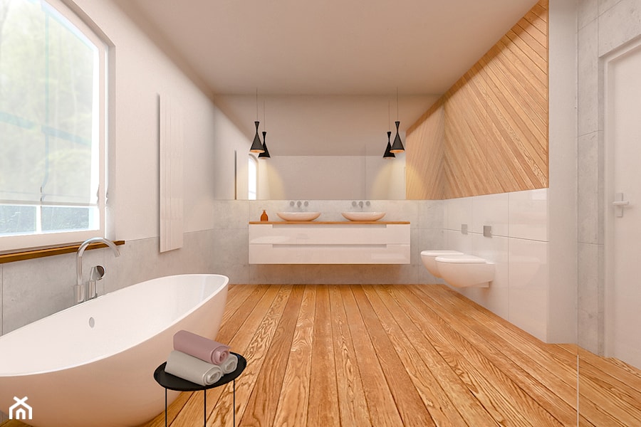 Dom jednorodzinny Suwałki - Średnia na poddaszu z dwoma umywalkami łazienka z oknem, styl minimalistyczny - zdjęcie od Biuro projektowe Joanna Karwowska