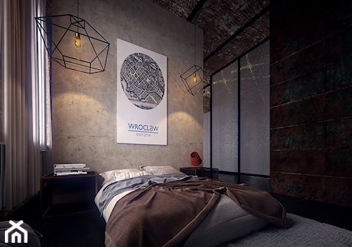 Loft Nowa Papiernia/Wrocław - Średnia beżowa sypialnia na poddaszu, styl industrialny - zdjęcie od Biuro projektowe Joanna Karwowska