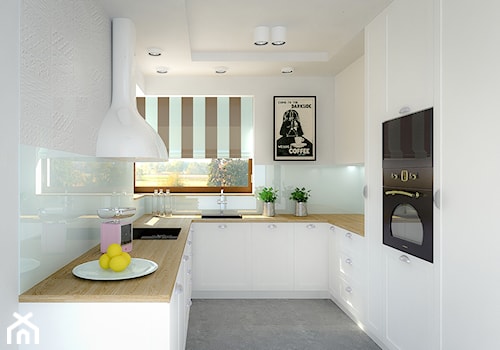 Dom jednorodzinny - Mała otwarta biała z zabudowaną lodówką z podblatowym zlewozmywakiem kuchnia w kształcie litery u, styl skandynawski - zdjęcie od Biuro projektowe Joanna Karwowska
