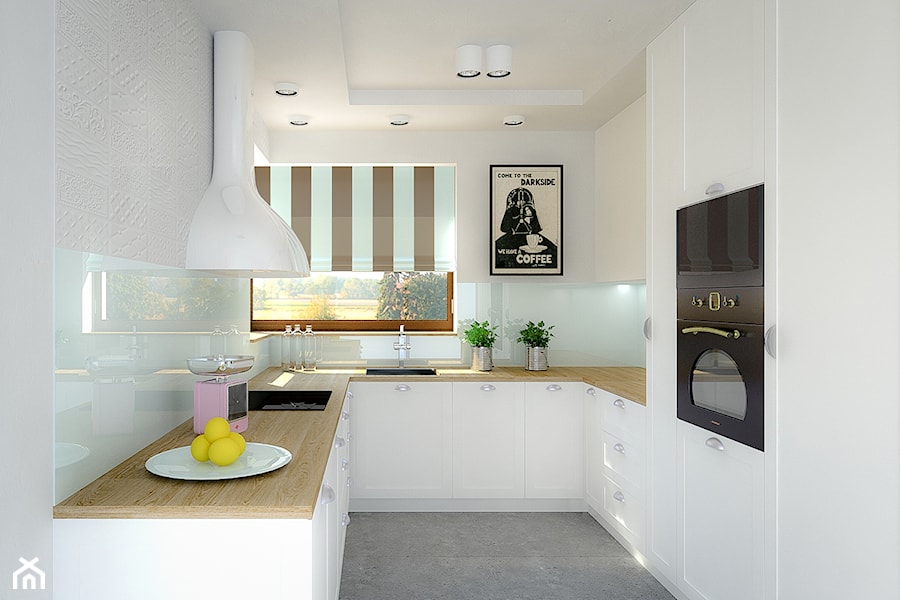 Dom jednorodzinny - Mała otwarta biała z zabudowaną lodówką z podblatowym zlewozmywakiem kuchnia w kształcie litery u, styl skandynawski - zdjęcie od Biuro projektowe Joanna Karwowska