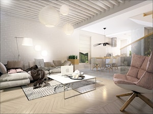 Dom szeregówka - Duży biały salon z kuchnią z jadalnią, styl nowoczesny - zdjęcie od Biuro projektowe Joanna Karwowska