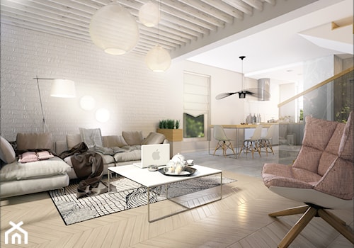Dom szeregówka - Duży biały salon z kuchnią z jadalnią, styl nowoczesny - zdjęcie od Biuro projektowe Joanna Karwowska