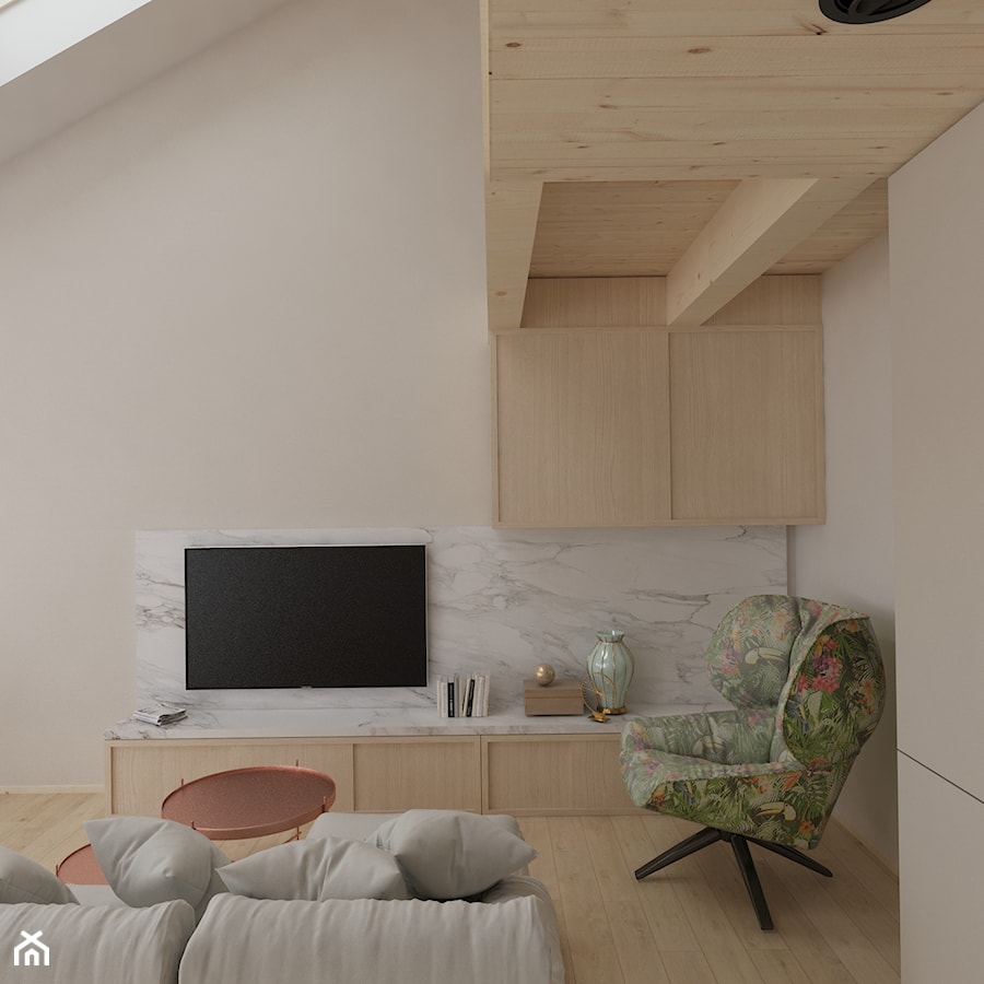 Mieszkanie z antresolą Białystok - Mały beżowy salon, styl nowoczesny - zdjęcie od Biuro projektowe Joanna Karwowska
